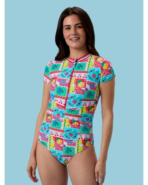 Picnic Party Women's Quarter Zip Short Sleeve One Piece Rash Guard Swimsuit