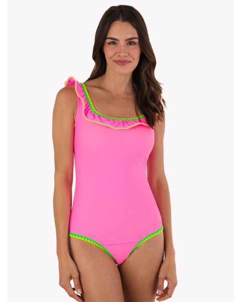 Neon Pink Women's Crochet Ruffle One Piece Swimsuit
