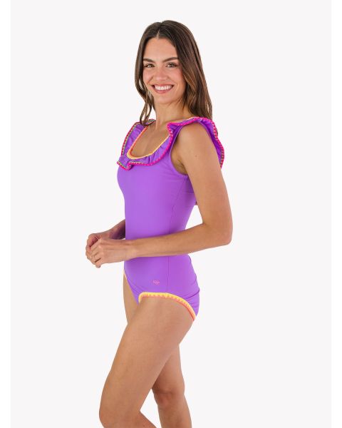Neon Purple Women's Crochet Ruffle One Piece Swimsuit