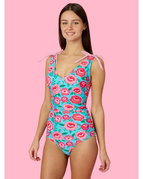 Bright Blossoms Women's Bow V-Neck One Piece Swimsuit