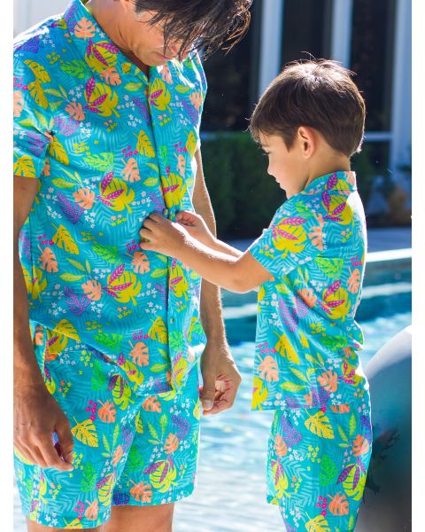 Neon Tiki Vibes Men's Short Sleeve Camp Shirt