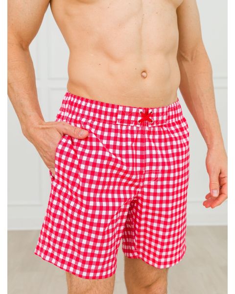 Vintage Red Gingham Men's Swim Trunks