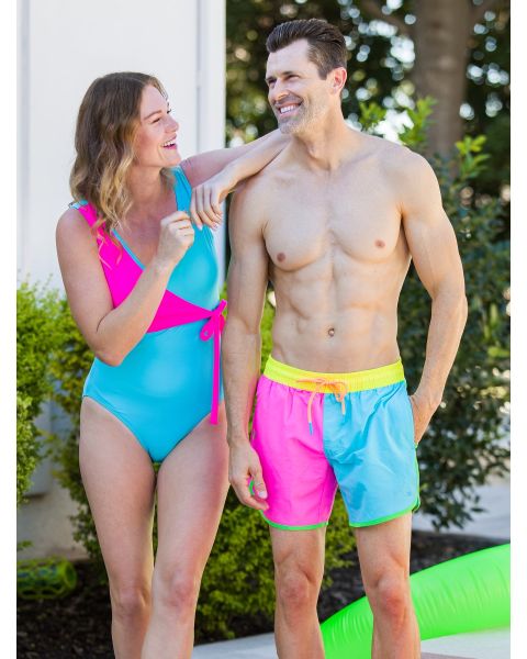 Neon Color Block Men's Dolphin Hem Swim Trunks