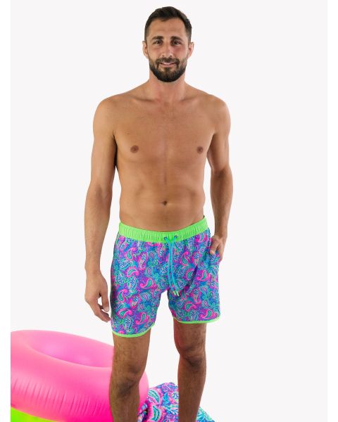 Neon Paisley Pop Men's Stretch Dolphin Hem Swim Trunks