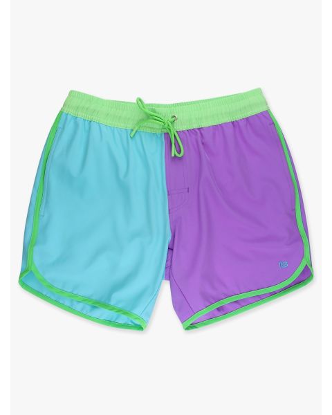 Neon Bright Aqua Color Block Men's Stretch Dolphin Hem Swim Trunks