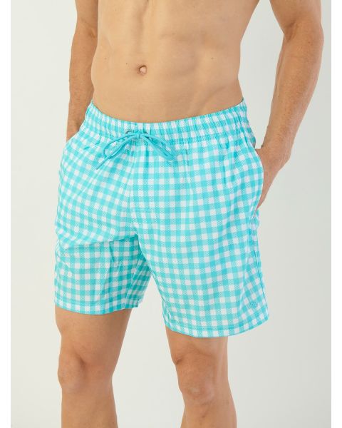 Bright Aqua Gingham Men's Performance Hybrid Swim Trunks