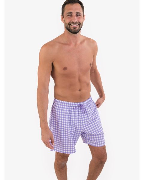 Wisteria Purple Gingham Men's Performance Hybrid Swim Trunks