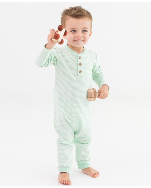 Tiny Mint Stripe Knit Henley Pocket Romper