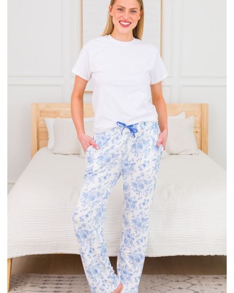 Periwinkle Blue Butterfly Garden Toile Adult Pajama Pants, Bamboo Viscose