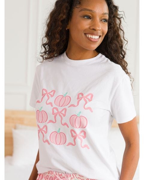 Pumpkin Bows White Adult Short Sleeve Graphic Tee