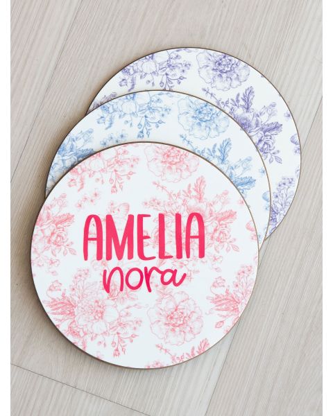 Bubblegum Pink Butterfly Garden Toile Printed Personalized Baby Name Sign - 6" Round