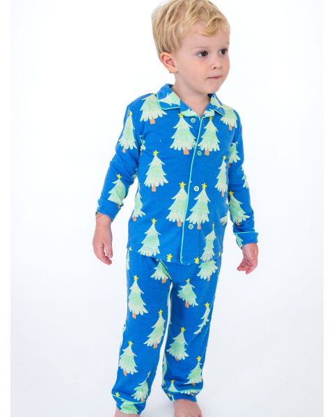 Blue Twinkling Trees Button Up Pajama Set