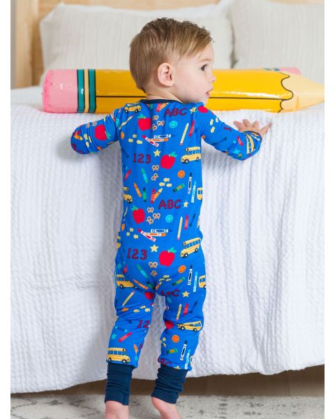 Blue School House Convertible One Piece Pajama, Bamboo Viscose