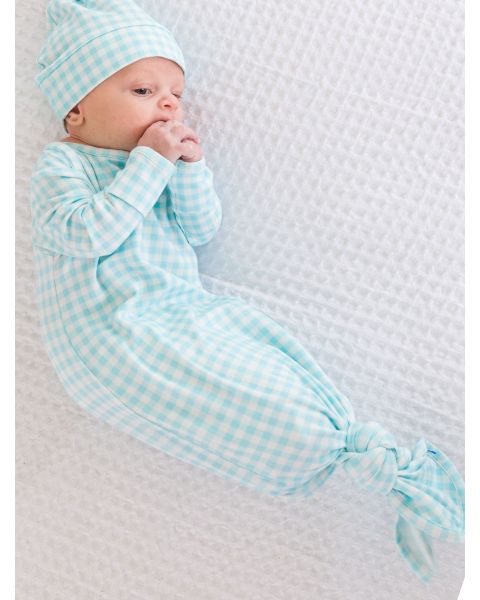 Blue Breeze Gingham Knotted Sleep Gown & Hat Set, Modal Blend