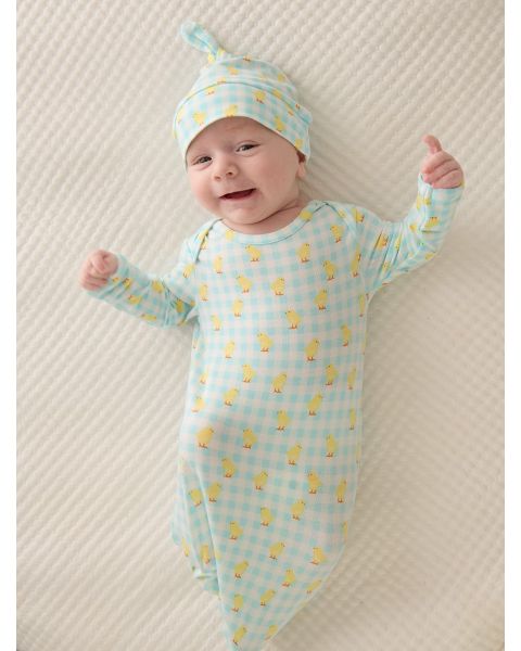 Chirping Chicks Gingham Knotted Sleep Gown & Hat Set, Modal Blend