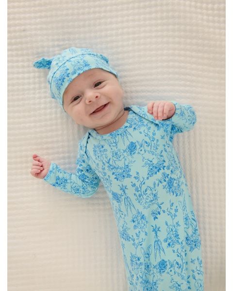 Blue Cottontail Toile Knotted Sleep Gown & Hat Set, Modal Blend