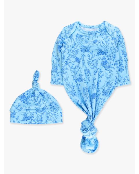 Blue Cottontail Toile Knotted Sleep Gown & Hat Set, Modal Blend