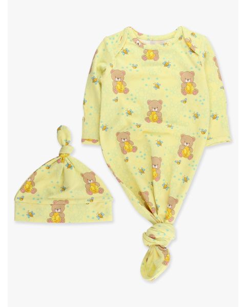Honey Bear Knotted Sleep Gown & Hat Set, Modal Blend