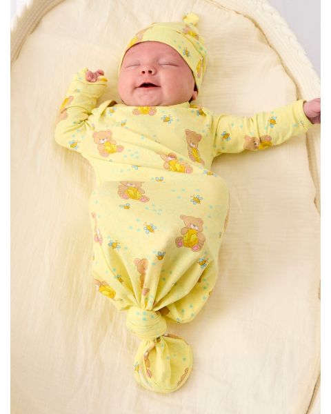 Honey Bear Knotted Sleep Gown & Hat Set, Modal Blend