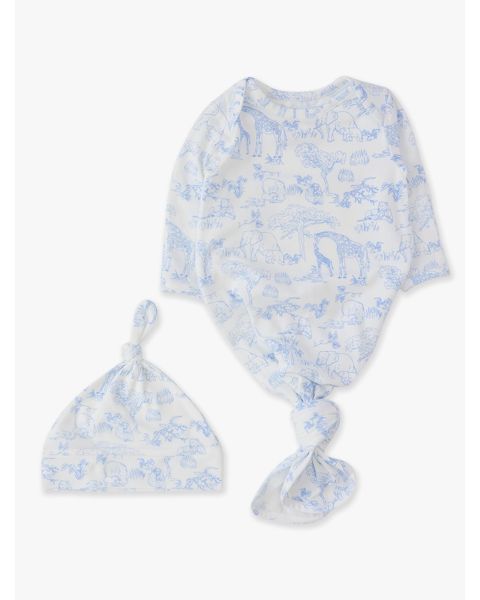 Periwinkle Blue Safari Toile Knotted Sleep Gown & Hat Set, Modal Blend
