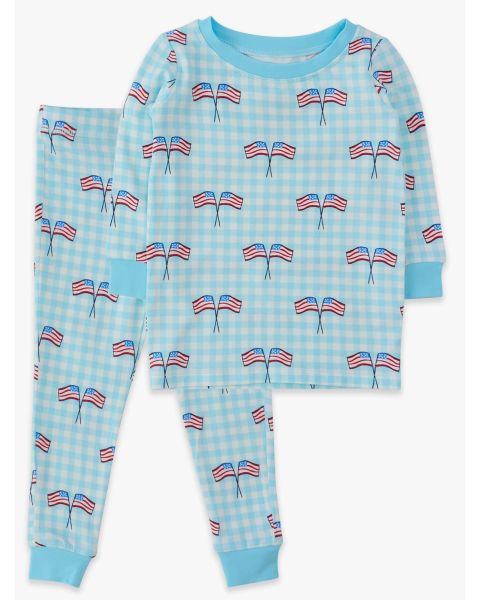 Blue Patriotic Gingham Long Sleeve Pajama Set, Modal Blend