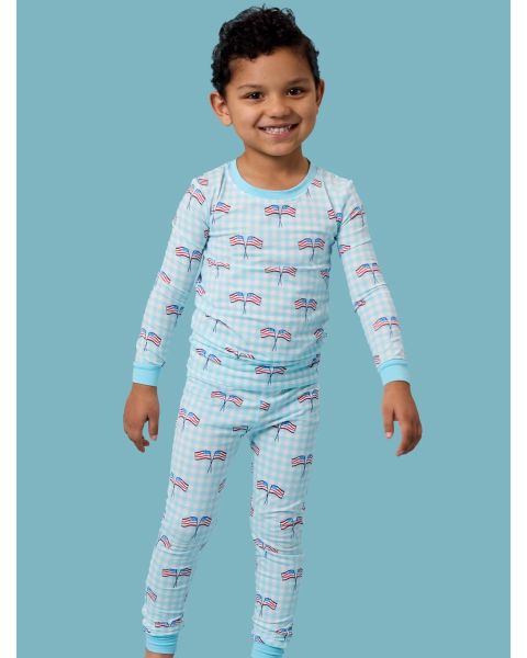 Blue Patriotic Gingham Long Sleeve Pajama Set, Modal Blend