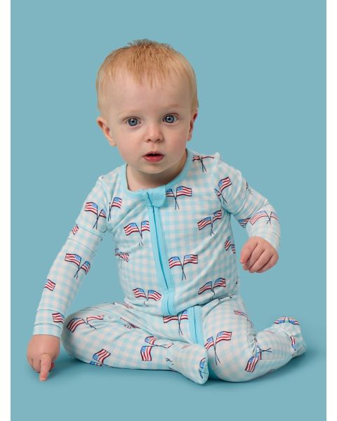 Blue Patriotic Gingham One Piece Footie Pajamas, Modal Blend