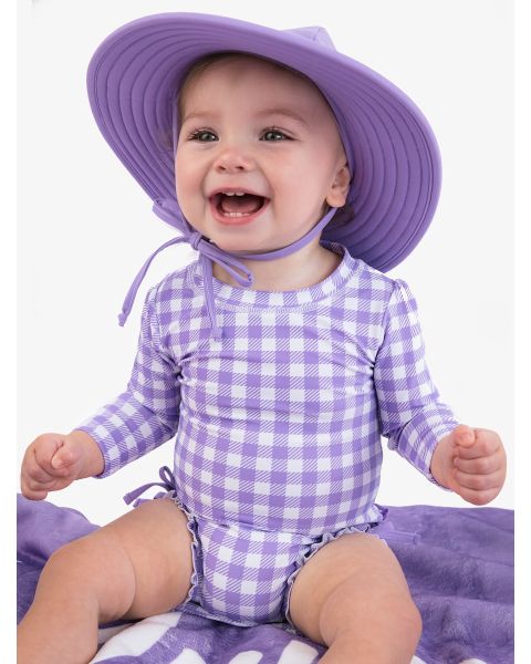 Wisteria Purple Gingham Long Sleeve One Piece Rash Guard Swimsuit, with Signature Rear Ruffles