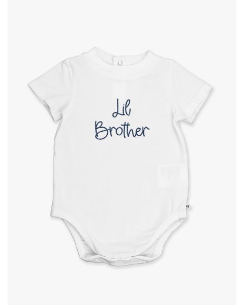 Navy Lil Brother Embroidered White Short Sleeve Basic Bodysuit