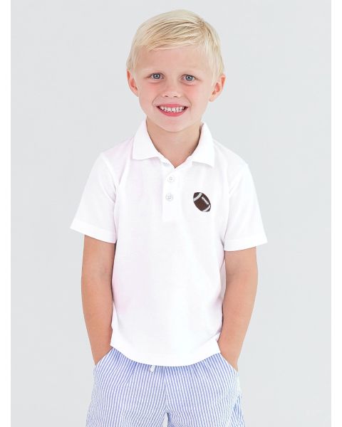 Football Embroidered White Pique Short Sleeve Polo Shirt