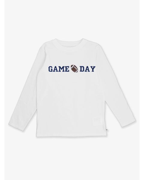 Football Game Day Embroidered White Long Sleeve Basic Tee