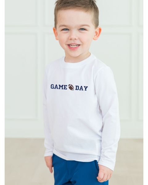 Football Game Day Embroidered White Long Sleeve Basic Tee