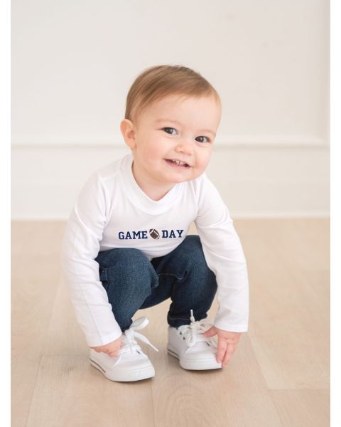 Football Game Day Embroidered White Long Sleeve Basic Bodysuit