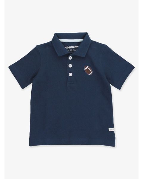 Football Embroidered Dark Navy Pique Short Sleeve Polo Shirt