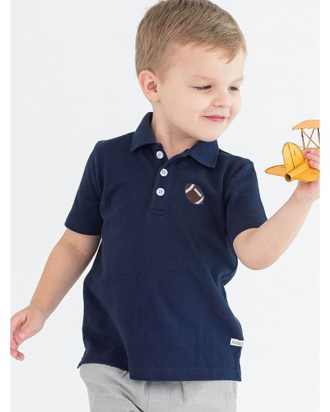 Football Embroidered Dark Navy Pique Short Sleeve Polo Shirt