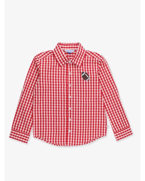 Football Embroidered Classic Red Gingham Long Sleeve Button Down Shirt