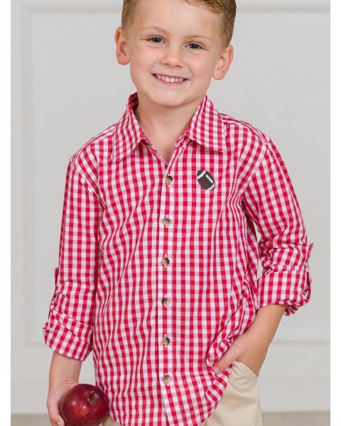 Football Embroidered Classic Red Gingham Long Sleeve Button Down Shirt