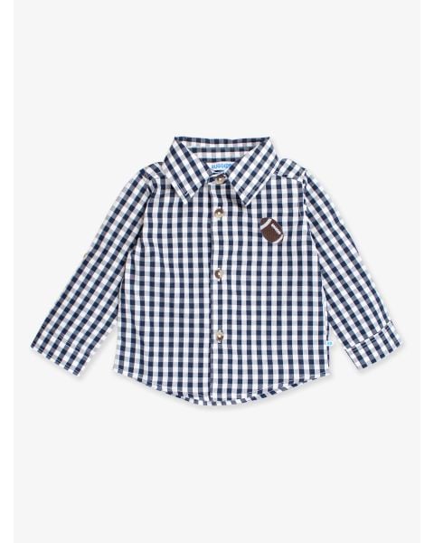Football Embroidered Classic Dark Navy Gingham Long Sleeve Button Down Shirt