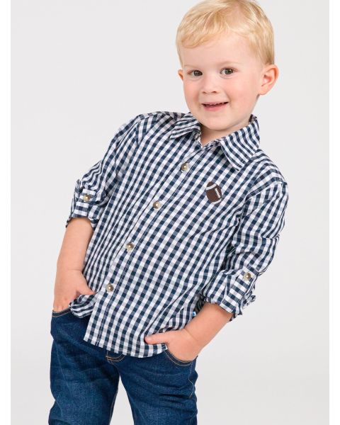 Football Embroidered Classic Dark Navy Gingham Long Sleeve Button Down Shirt