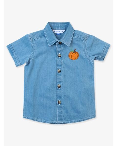 Pumpkin Embroidered Light Wash Short Sleeve Button Down Shirt