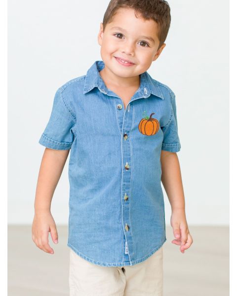 Pumpkin Embroidered Light Wash Short Sleeve Button Down Shirt