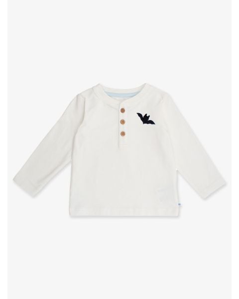 Bat Embroidered White Knit Long Sleeve Henley Tee