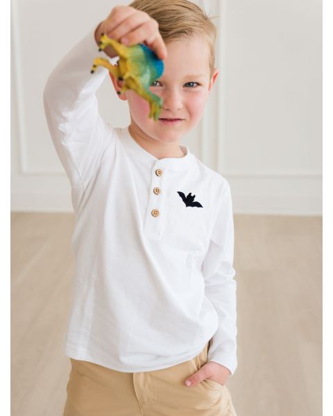 Bat Embroidered White Knit Long Sleeve Henley Tee