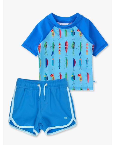 Gone Fishin SS RG + Sonic Blue Hem Swim Trunks