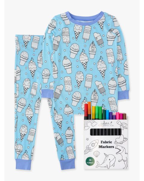 Blue Colorful Cones Colorable Long Sleeve Pajama Set, Bamboo Viscose + Permanent Fabric Markers