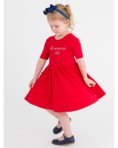 All-American Cutie Embroidered Red Knit Short Sleeve Twirl Dress