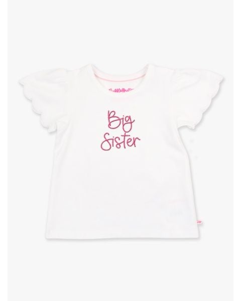 Hot Pink Big Sister Embroidered White Short Sleeve Scallop Tee
