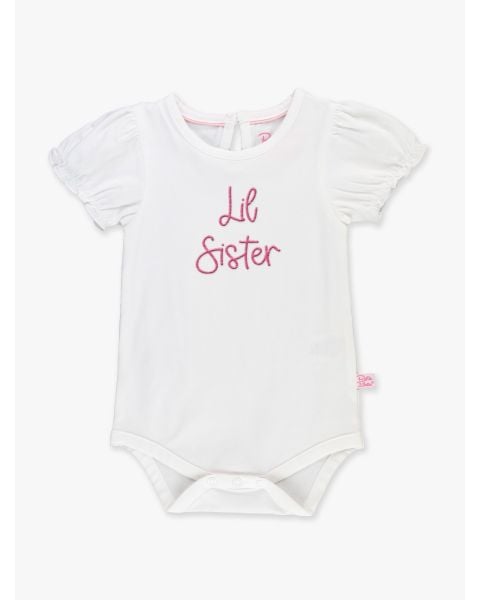 Hot Pink Lil Sister Embroidered White Puff Sleeve Bodysuit