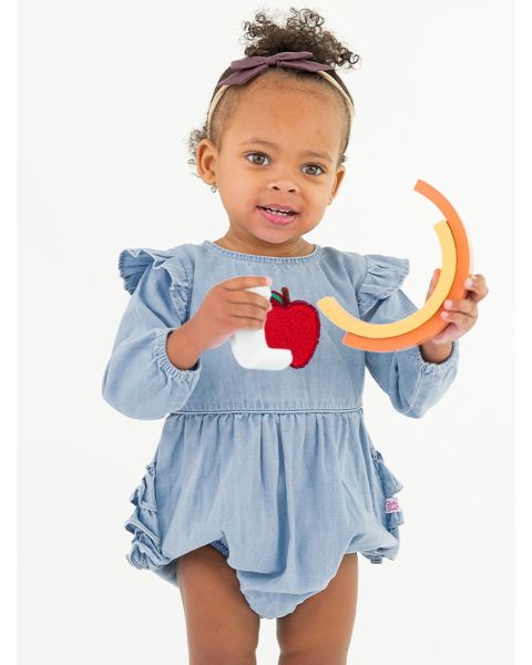Red Apple Embroidered Light Wash Long Sleeve Flutter Bubble Romper