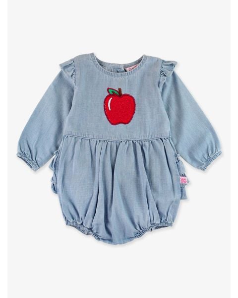 Red Apple Embroidered Light Wash Long Sleeve Flutter Bubble Romper